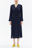Navy Blue Wrap-over belted midi dress 93322