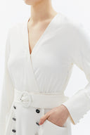 Ecru Wrap-over belted midi dress 93322