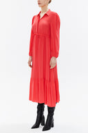 Red Pleated belt detail midi dress 93323