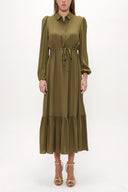 Green Pleated belt detail midi dress 93323