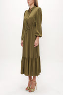 Green Pleated belt detail midi dress 93323