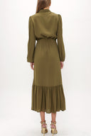 Green Pleated belt detail midi dress 93323