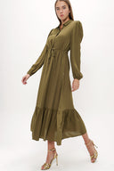 Green Pleated belt detail midi dress 93323