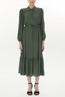 Khaki Pleated belt detail midi dress 93323