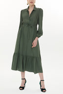 Khaki Pleated belt detail midi dress 93323