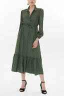 Khaki Pleated belt detail midi dress 93323