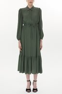 Khaki Pleated belt detail midi dress 93323