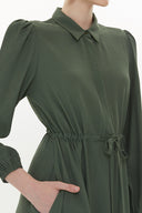 Khaki Pleated belt detail midi dress 93323