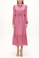 Dark Pink Pleated belt detail midi dress 93323