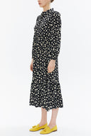 Black Background Floral Printed Pleated belt detail midi dress 93323