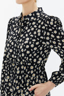 Black Background Floral Printed Pleated belt detail midi dress 93323