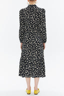 Black Background Floral Printed Pleated belt detail midi dress 93323