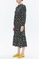 Black Background Floral Printed Pleated belt detail midi dress 93323