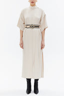 Beige Wide cut, buttoned sleeve midi dress 93338