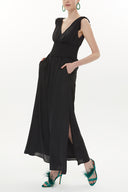 Black Elastic waist V neck sleeveless maxi dress 93348