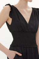 Black Elastic waist V neck sleeveless maxi dress 93348