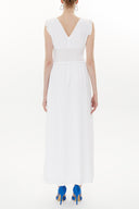 White Elastic waist V neck sleeveless maxi dress 93348