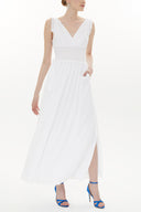 White Elastic waist V neck sleeveless maxi dress 93348
