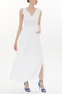 White Elastic waist V neck sleeveless maxi dress 93348
