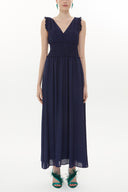 Navy Blue Elastic waist V neck sleeveless maxi dress 93348