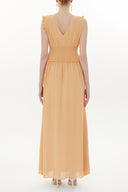 Camel Hair Elastic waist V neck sleeveless maxi dress 93348