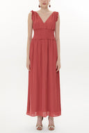 Red Elastic waist V neck sleeveless maxi dress 93348