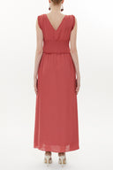 Red Elastic waist V neck sleeveless maxi dress 93348