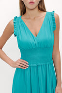 Green Elastic waist V neck sleeveless maxi dress 93348