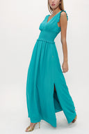 Green Elastic waist V neck sleeveless maxi dress 93348