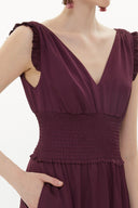 Burgundy Elastic waist V neck sleeveless maxi dress 93348