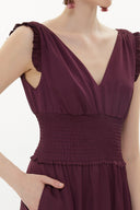 Burgundy Elastic waist V neck sleeveless maxi dress 93348