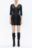 Black Pleated V-neck side zipped mini dress 93350