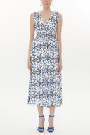 Blue Patterned Elastic waist sleeveless midi dress 93359