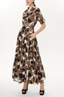 Brown Long Sleeve Button Elastic Dress 93386