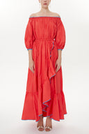 Coral Balloon sleeve elastic shoulder Pleated skirt maxi dress 93398