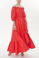 Coral Balloon sleeve elastic shoulder Pleated skirt maxi dress 93398