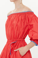 Coral Balloon sleeve elastic shoulder Pleated skirt maxi dress 93398