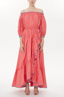 Light Red Balloon sleeve elastic shoulder Pleated skirt maxi dress 93398