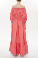 Light Red Balloon sleeve elastic shoulder Pleated skirt maxi dress 93398
