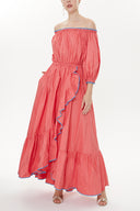 Light Red Balloon sleeve elastic shoulder Pleated skirt maxi dress 93398