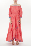 Light Red Balloon sleeve elastic shoulder Pleated skirt maxi dress 93398