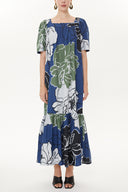 Navy Blue Ecru Half sleeve wide cut dress 93437