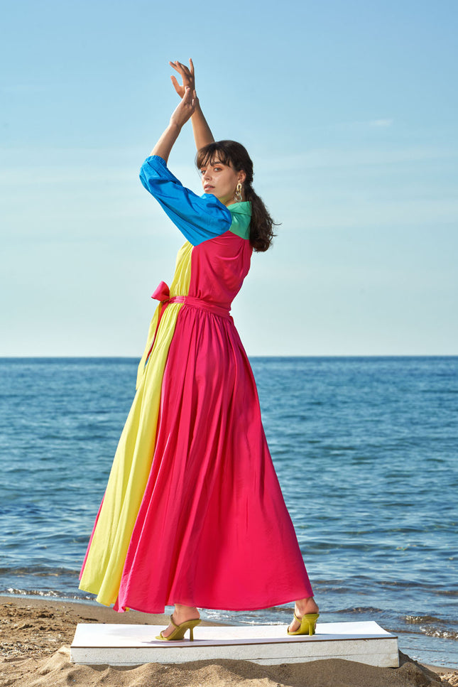 Mixed Colors Balloon sleeve shirt dress 93560