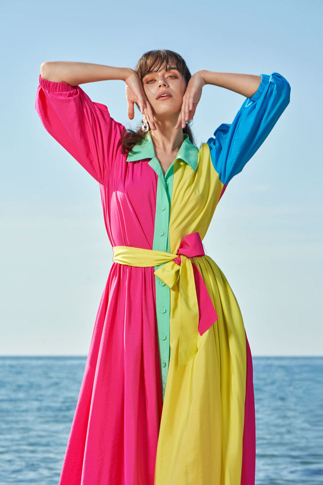 Mixed Colors Balloon sleeve shirt dress 93560