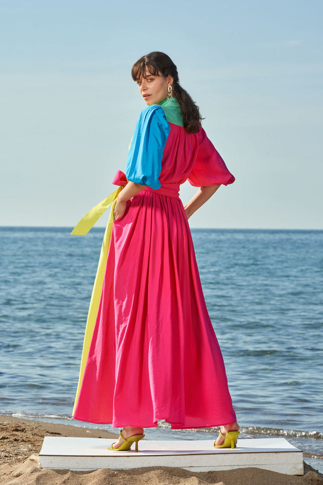 Mixed Colors Balloon sleeve shirt dress 93560