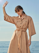 Beige Wide cut linen shirt dress 93564