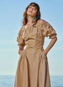 Camel Hair Off shoulder  elastic  linen dress  93569