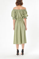 Green Off shoulder  elastic  linen dress  93569