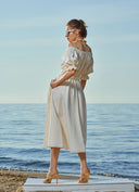 Ecru Off shoulder  elastic  linen dress  93569