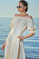 Ecru Off shoulder  elastic  linen dress  93569
